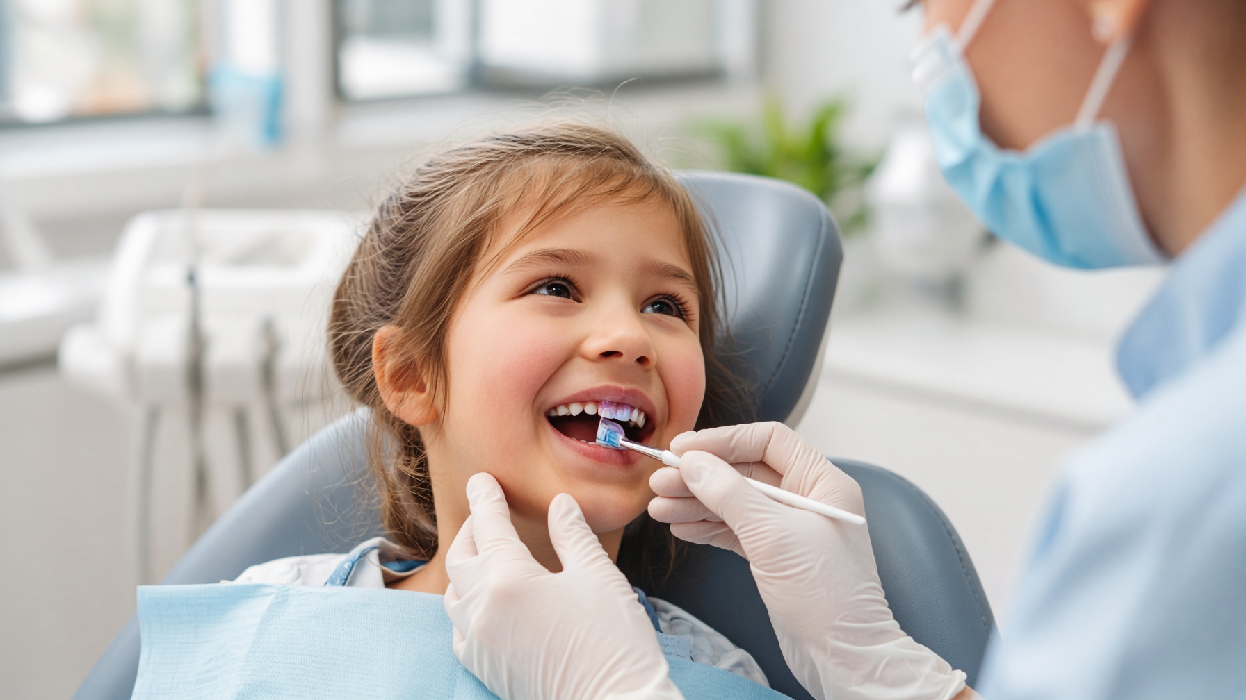 Kind krijgt een fluoridebehandeling bij de tandarts
